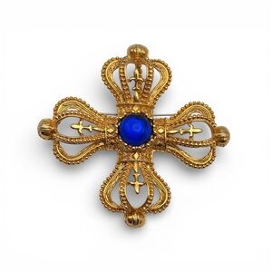 Vintage Park Lane Gold-Tone Maltese Cross Brooch With Blue Cabochon